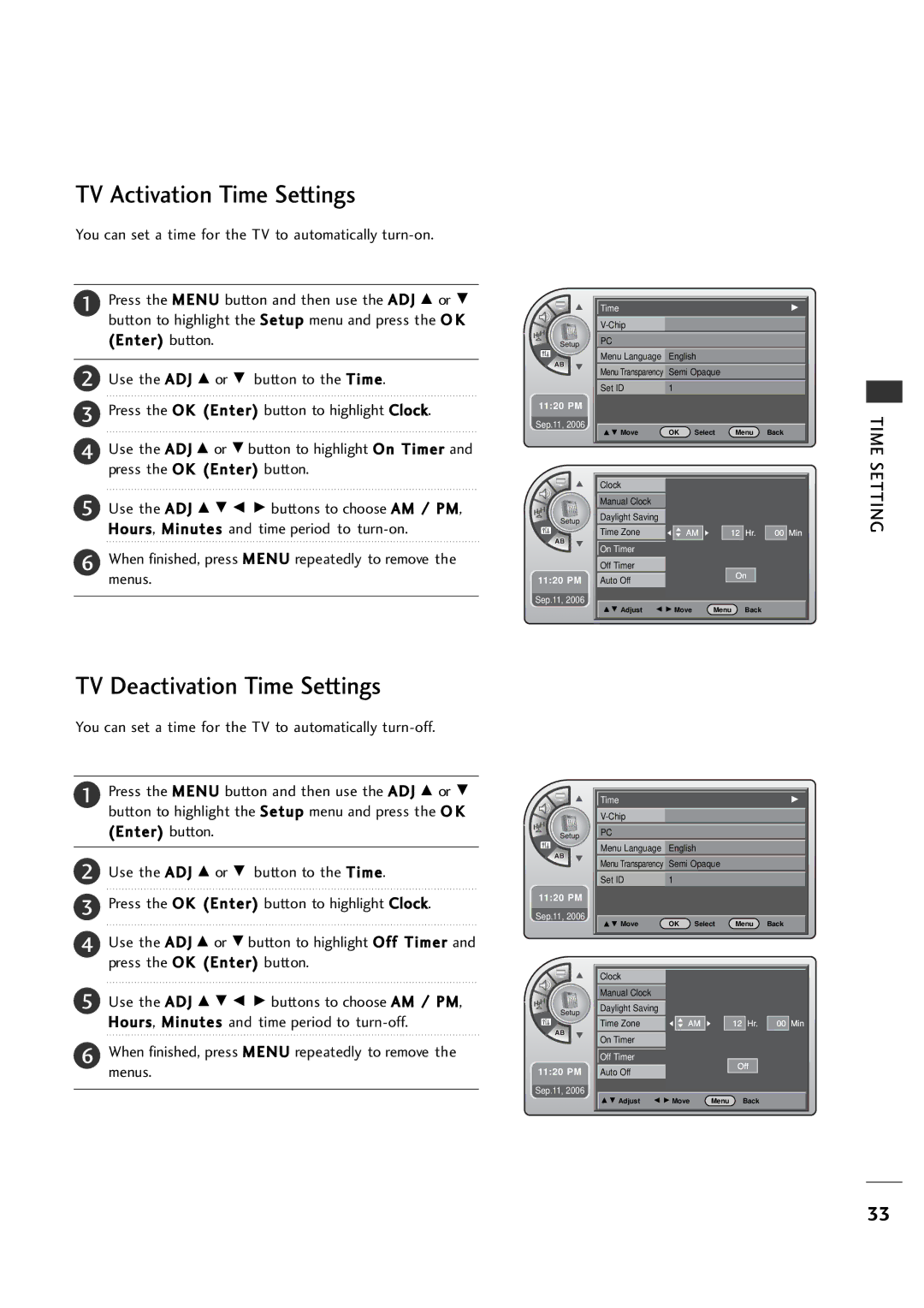 LG Electronics 26LH1DC4, 26LH1DC3, 26LH1DC5 manual TV Activation Time Settings, TV Deactivation Time Settings 