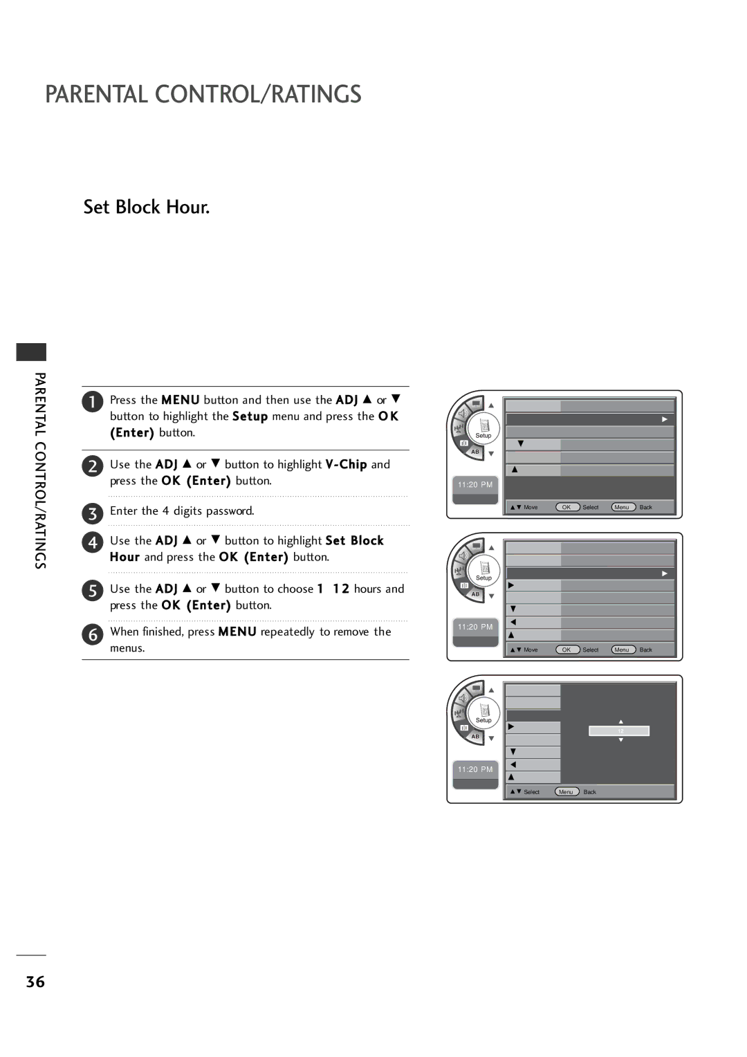 LG Electronics 26LH1DC4, 26LH1DC3, 26LH1DC5 manual Parental CONTROL/RATINGS, Set Block Hour 