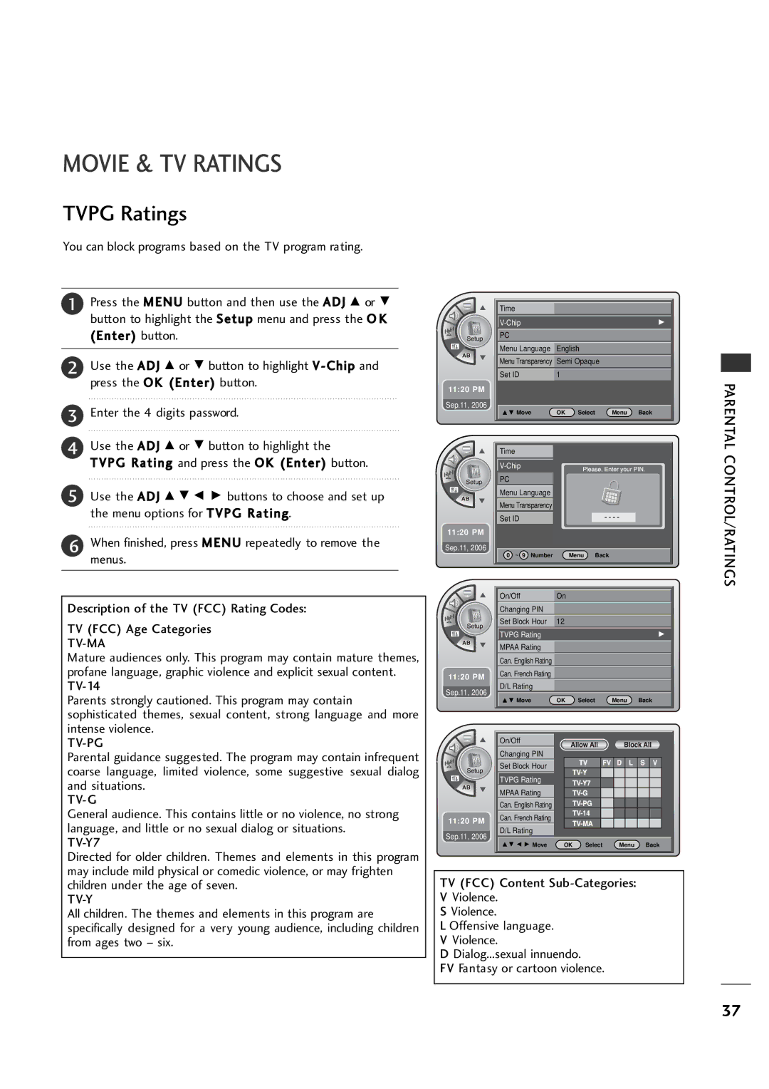 LG Electronics 26LH1DC3, 26LH1DC4, 26LH1DC5 manual Movie & TV Ratings, Tvpg Ratings 