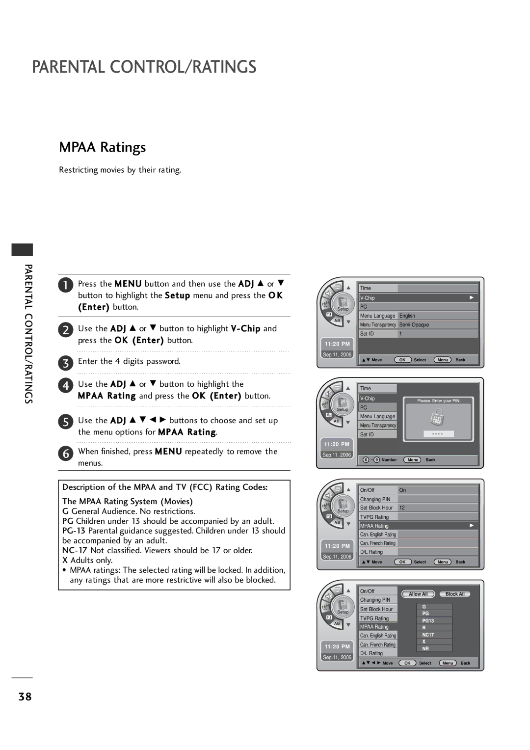 LG Electronics 26LH1DC5 Mpaa Ratings, Restricting movies by their rating, Description of the Mpaa and TV FCC Rating Codes 