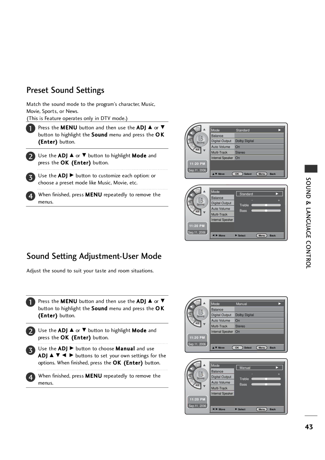 LG Electronics 26LH1DC3, 26LH1DC4 manual Preset Sound Settings, Sound Setting Adjustment-User Mode, Sound & Language Control 