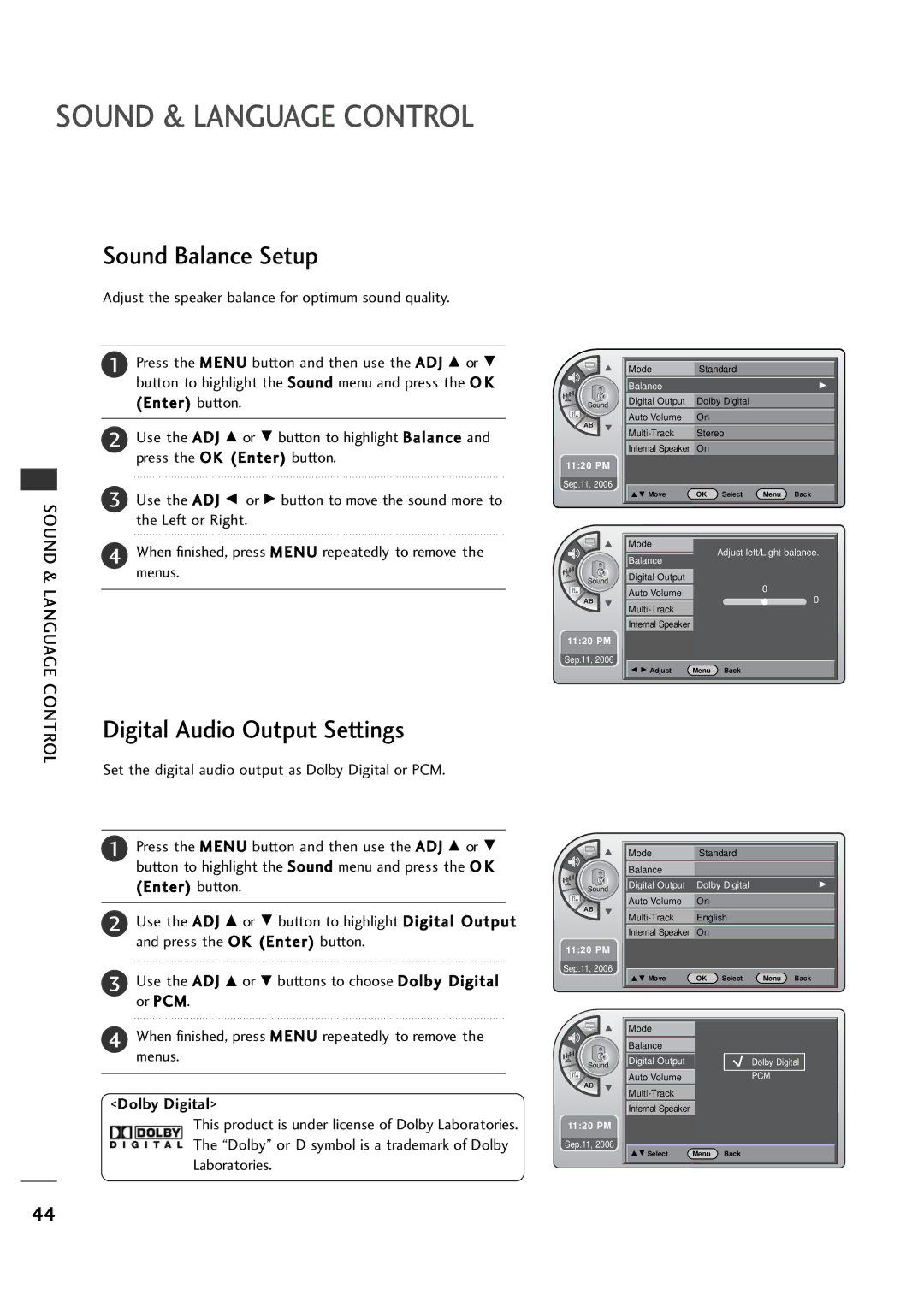 LG Electronics 26LH1DC5, 26LH1DC4, 26LH1DC3 Sound & Language Control, Sound Balance Setup, Digital Audio Output Settings 