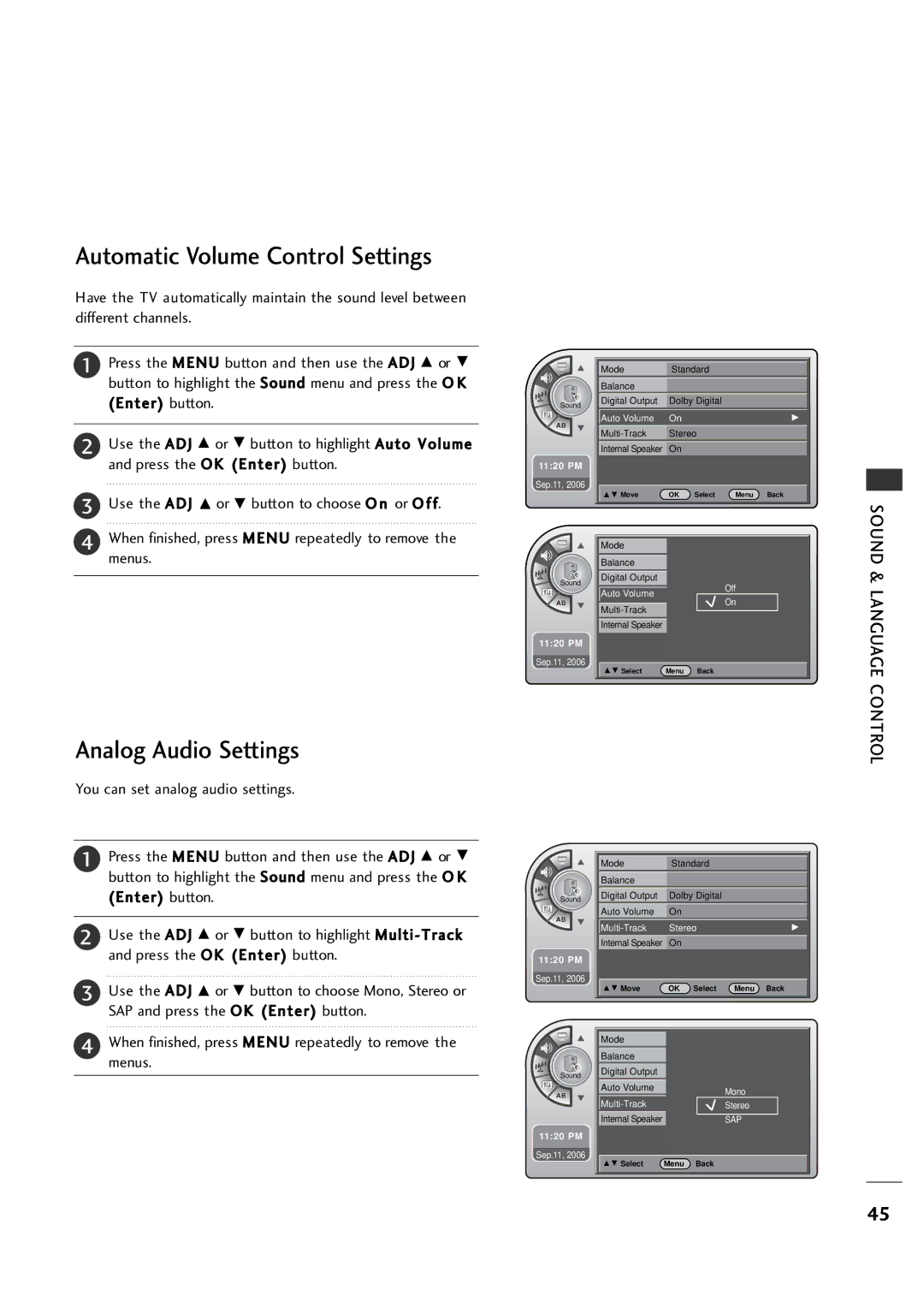 LG Electronics 26LH1DC4, 26LH1DC3, 26LH1DC5 manual Automatic Volume Control Settings, Analog Audio Settings 