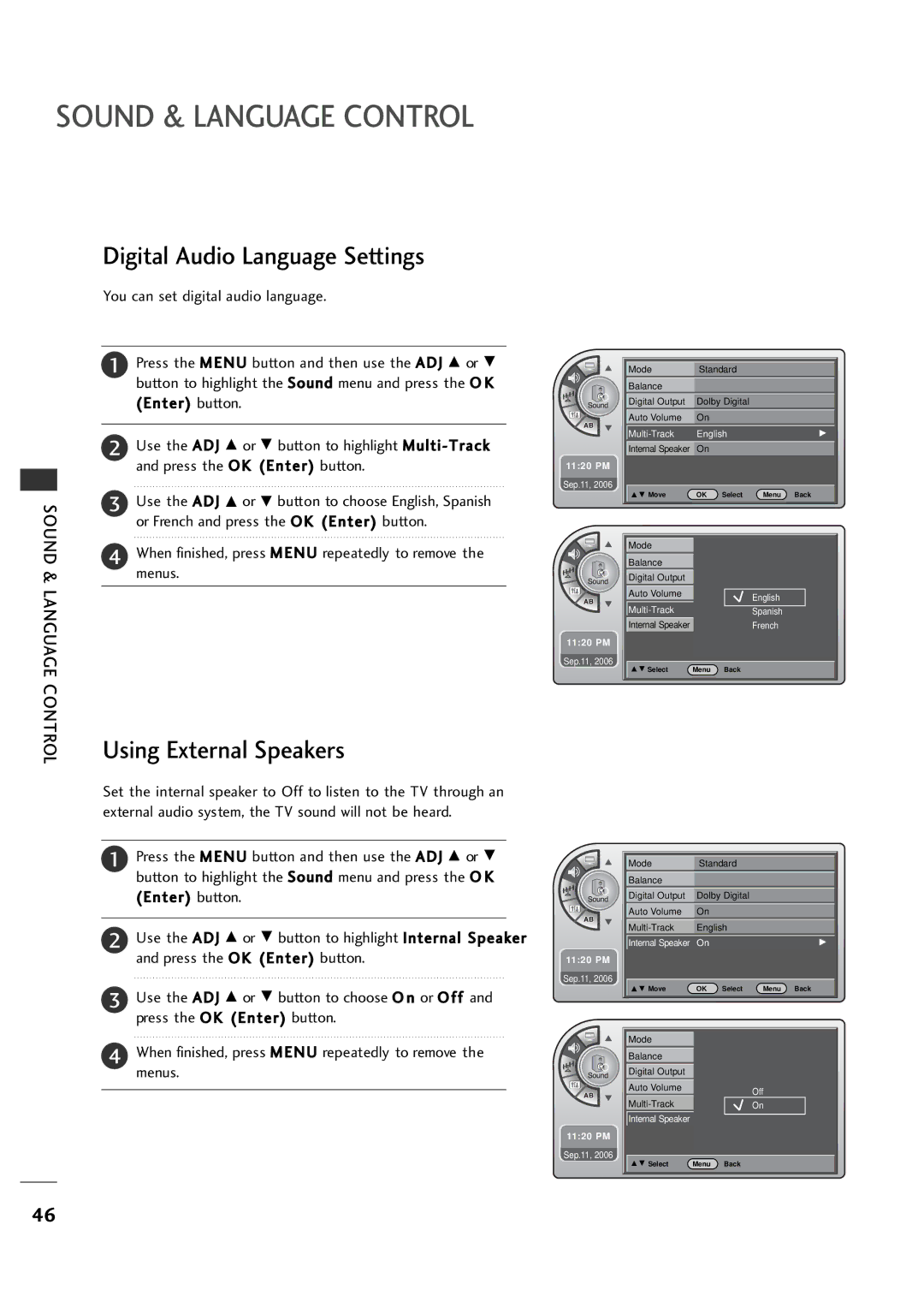 LG Electronics 26LH1DC3, 26LH1DC4 manual Digital Audio Language Settings, Using External Speakers, Sound & Language Control 