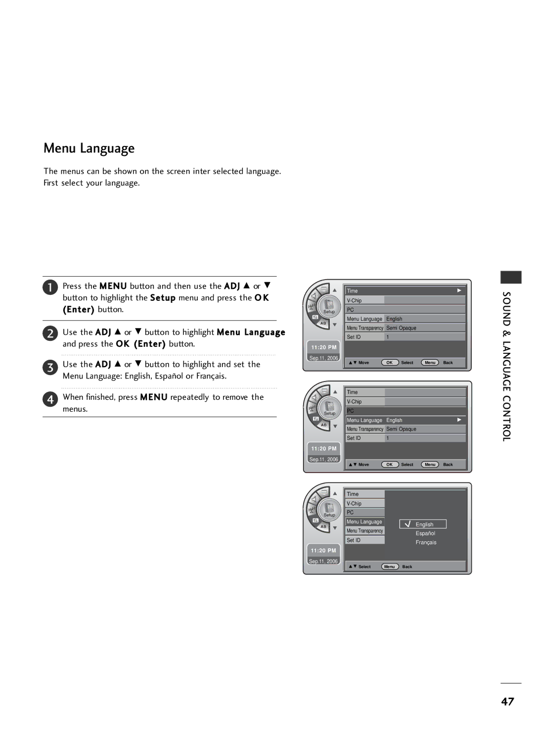 LG Electronics 26LH1DC5, 26LH1DC4, 26LH1DC3 manual Menu Language, Sound & Language Control 