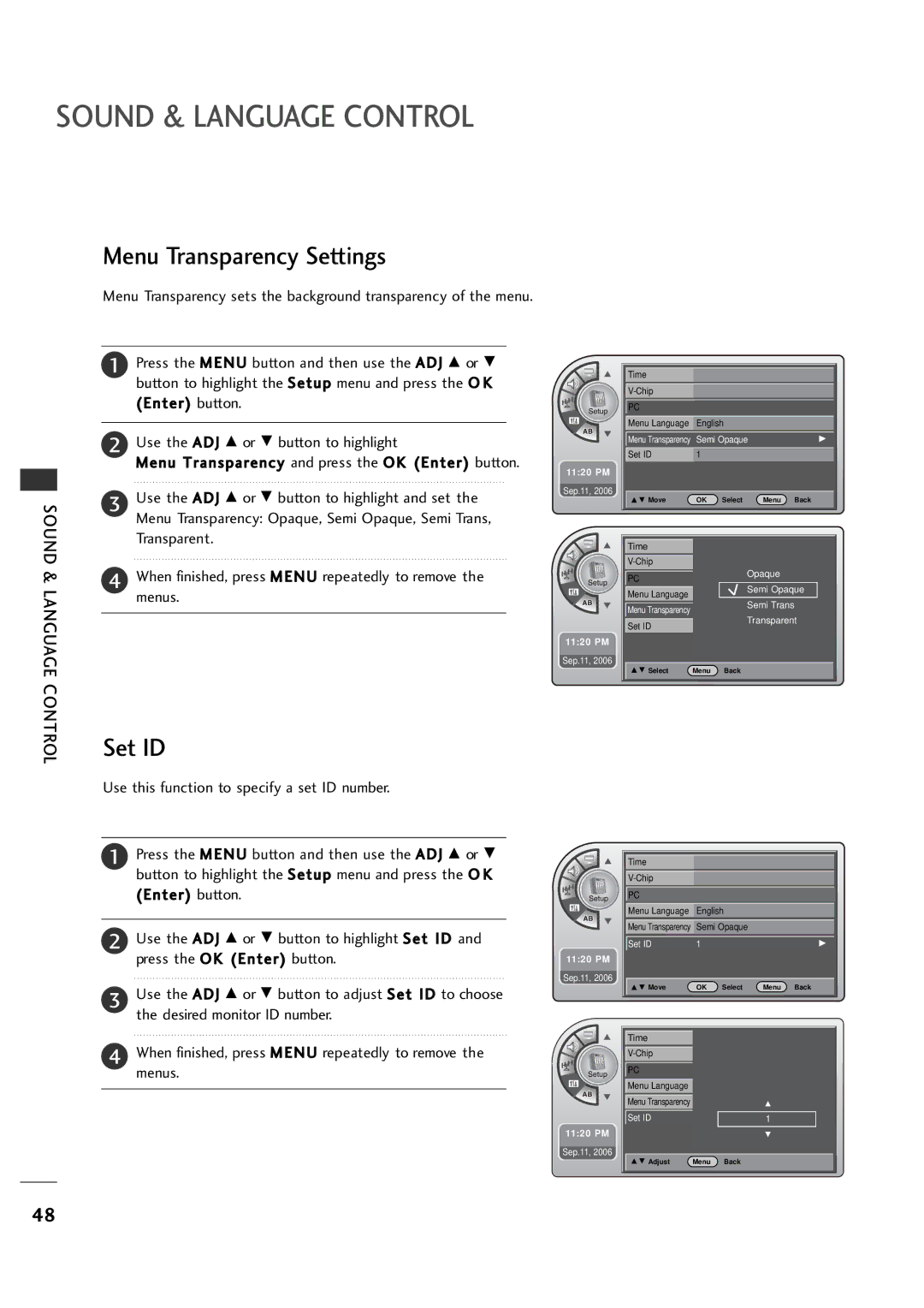 LG Electronics 26LH1DC4, 26LH1DC3, 26LH1DC5 Menu Transparency Settings, Set ID, Use the a DJ D or E button to highlight 