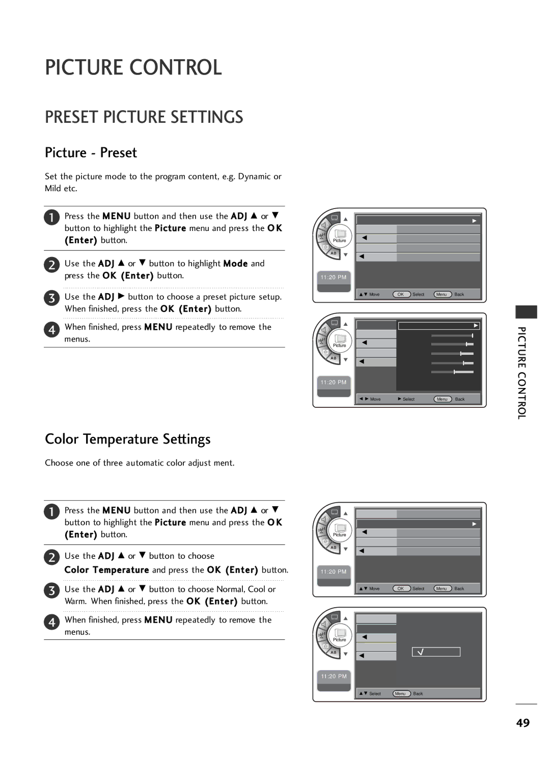 LG Electronics 26LH1DC3, 26LH1DC4 Picture Control, Preset Picture Settings, Picture Preset, Color Temperature Settings 