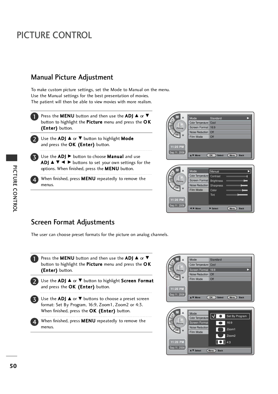 LG Electronics 26LH1DC5, 26LH1DC4, 26LH1DC3 manual Picture Control, Manual Picture Adjustment, Screen Format Adjustments 