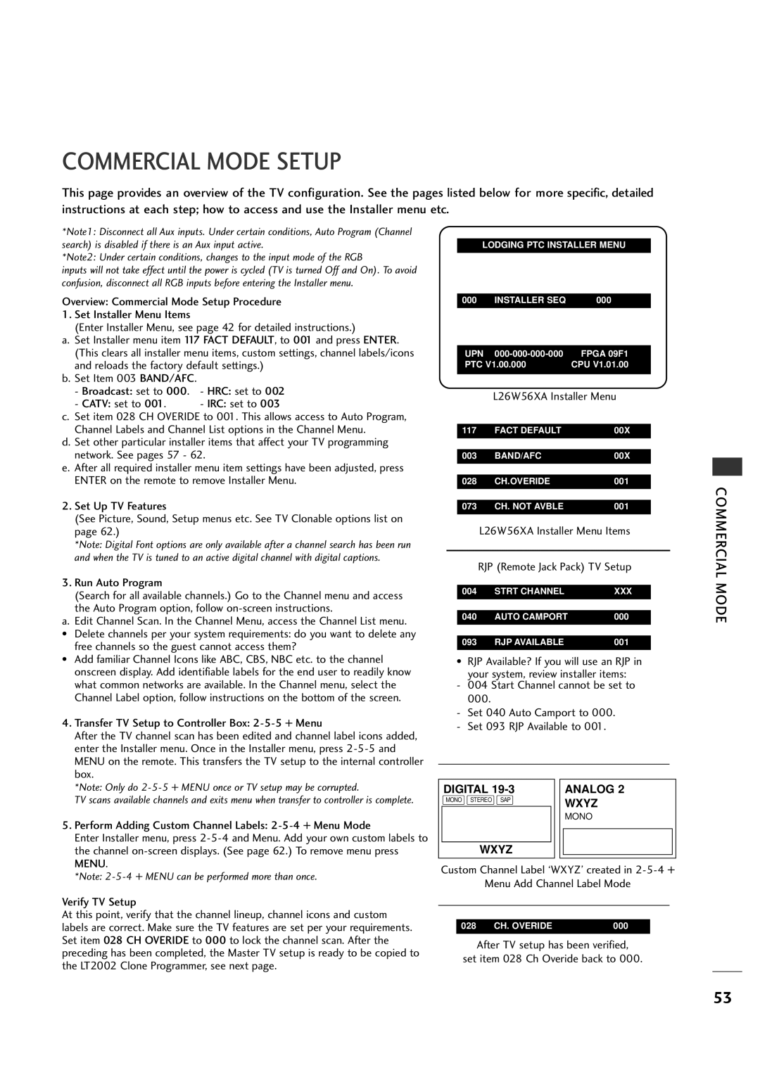 LG Electronics 26LH1DC5, 26LH1DC4, 26LH1DC3 manual Commercial Mode Setup 