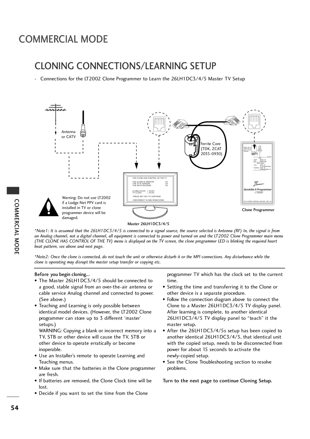 LG Electronics 26LH1DC4, 26LH1DC3, 26LH1DC5 manual Commercial Mode, Cloning CONNECTIONS/LEARNING Setup 