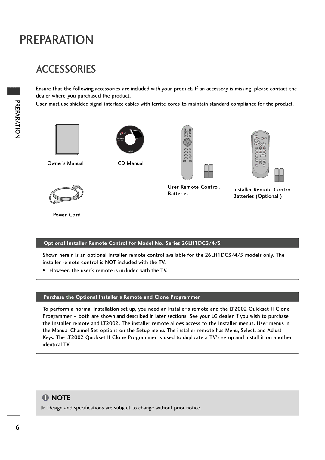 LG Electronics 26LH1DC4, 26LH1DC3, 26LH1DC5 manual Preparation, Accessories 