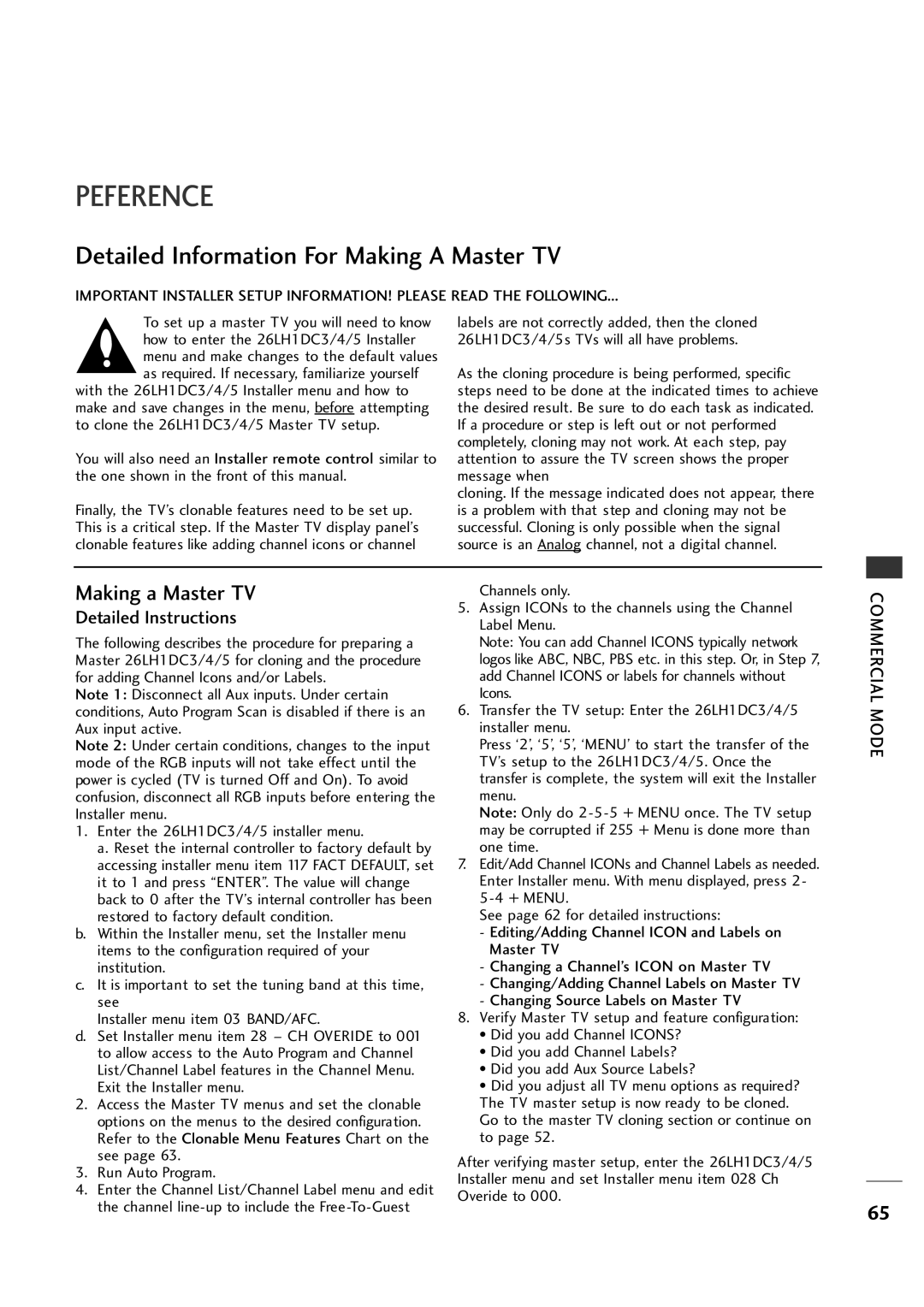 LG Electronics 26LH1DC5, 26LH1DC4, 26LH1DC3 manual Detailed Information For Making a Master TV 