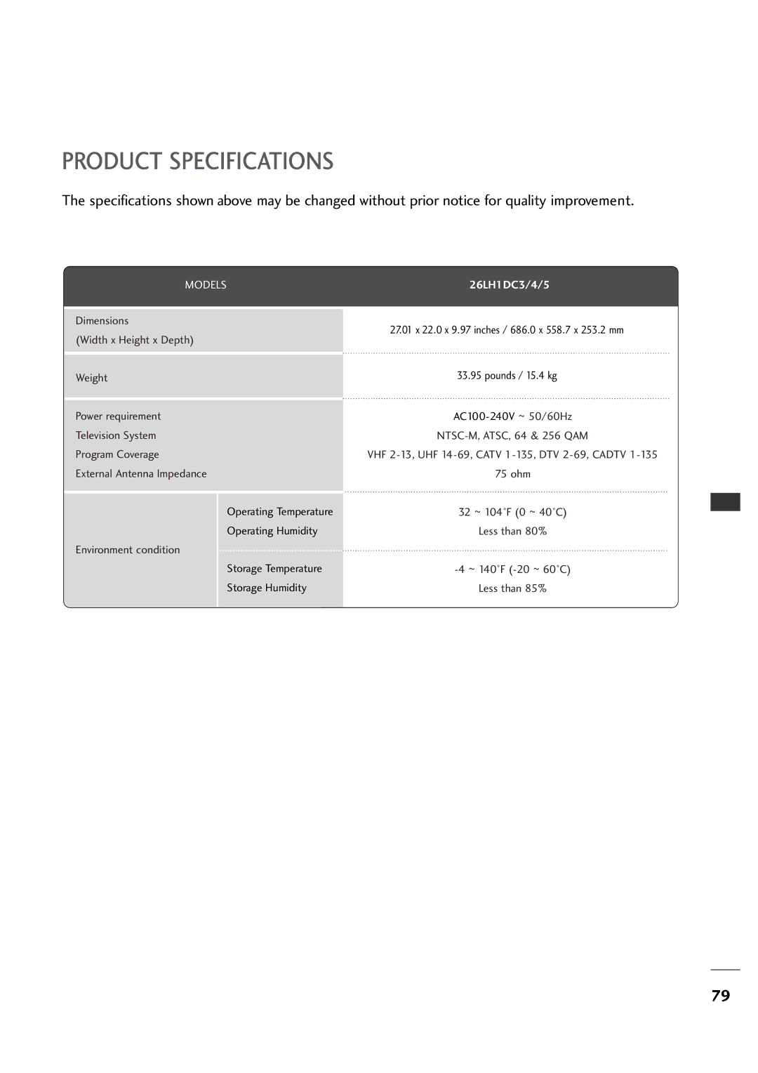 LG Electronics 26LH1DC3, 26LH1DC4, 26LH1DC5 manual Product Specifications 