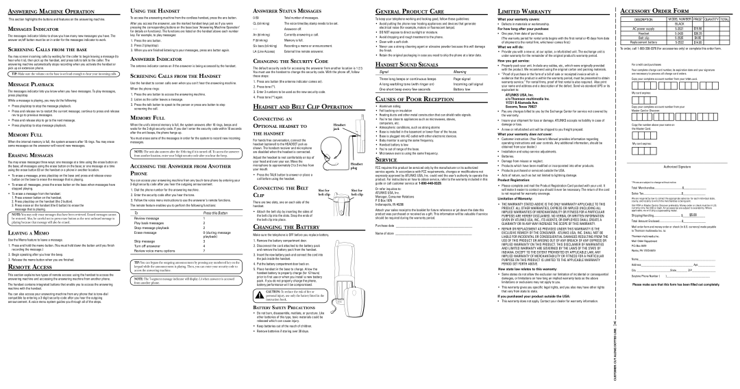 LG Electronics 27990 Answering Machine Operation, Headset and Belt Clip Operation General Product Care, Limited Warranty 