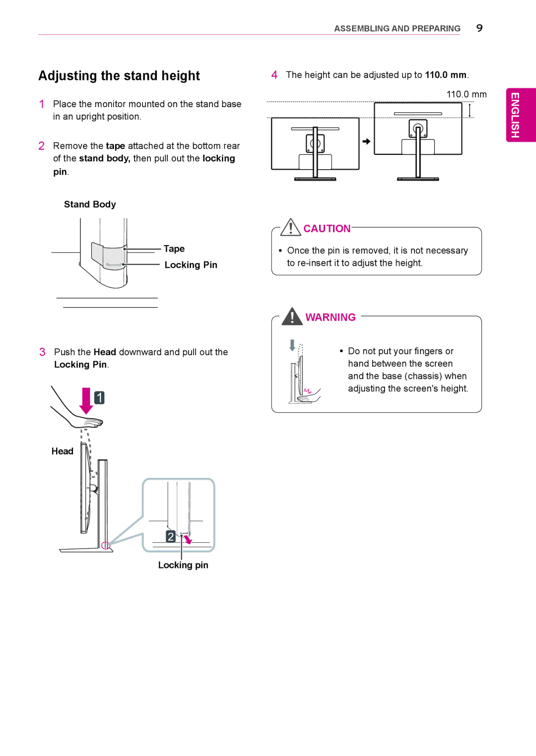 LG Electronics 27EA83R owner manual Adjusting the stand height, Pin Stand Body Tape, Locking Pin, Head Locking pin 