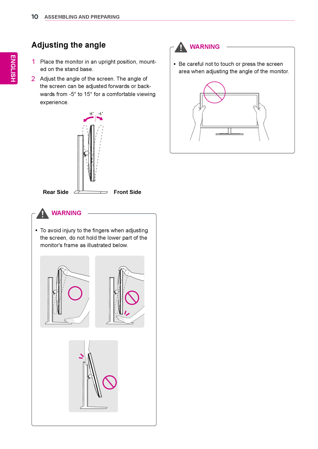 LG Electronics 27EA83R owner manual Adjusting the angle, Rear Side Front Side 