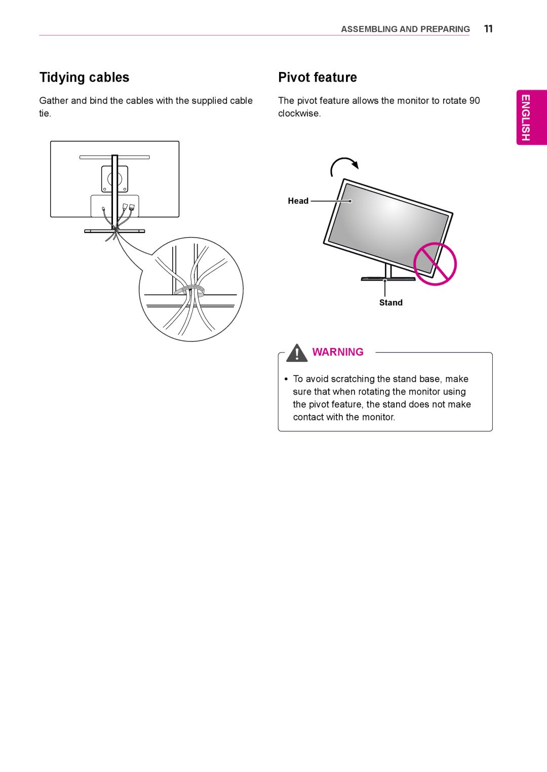 LG Electronics 27EA83R owner manual Tidying cables Pivot feature, Head Stand 