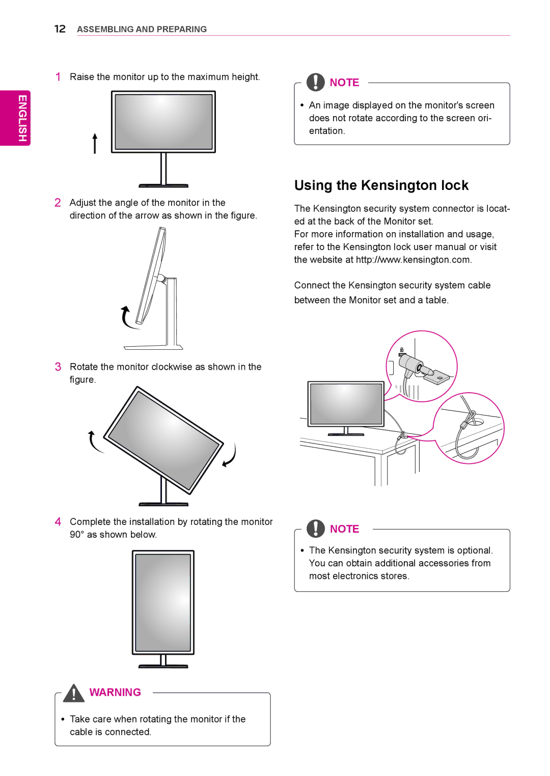 LG Electronics 27EA83R owner manual Using the Kensington lock 