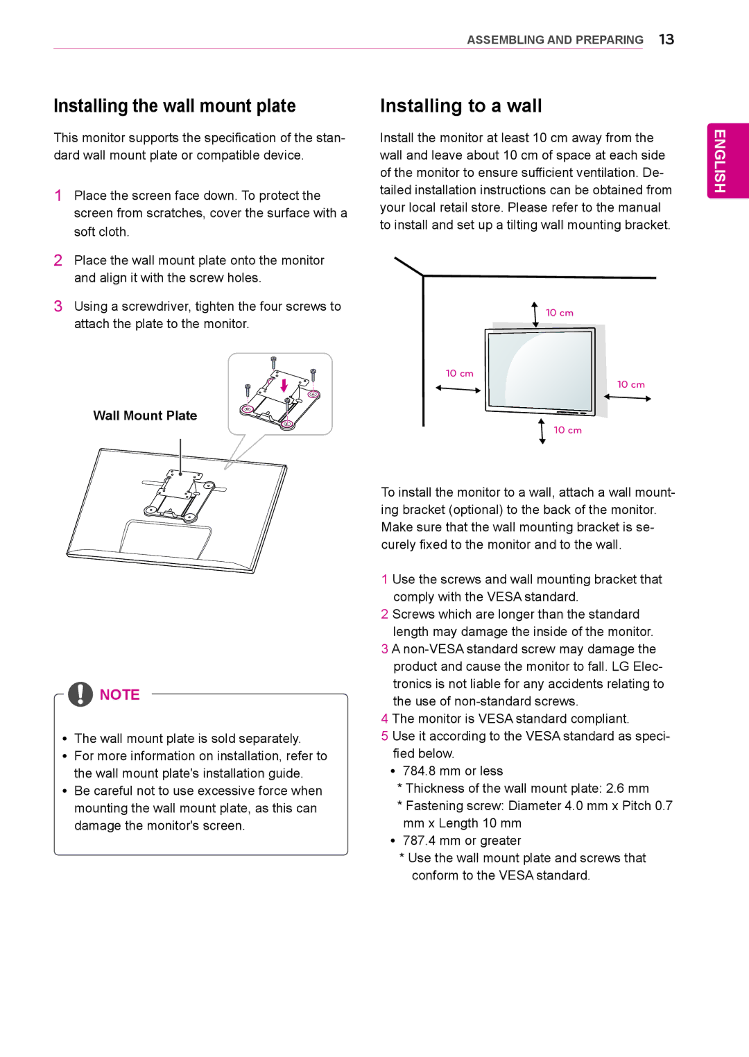 LG Electronics 27EA83R owner manual Installing the wall mount plate, Installing to a wall, Wall Mount Plate 