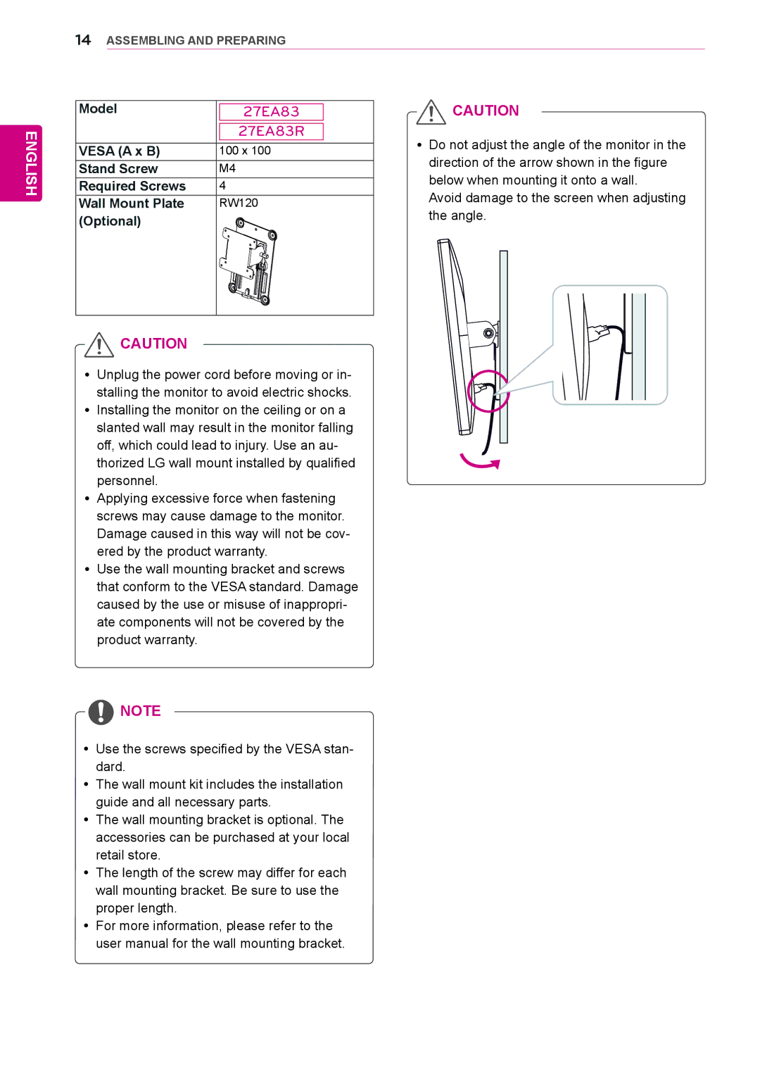 LG Electronics 27EA83R owner manual Model, Vesa a x B, Stand Screw Required Screws Wall Mount Plate, Optional 