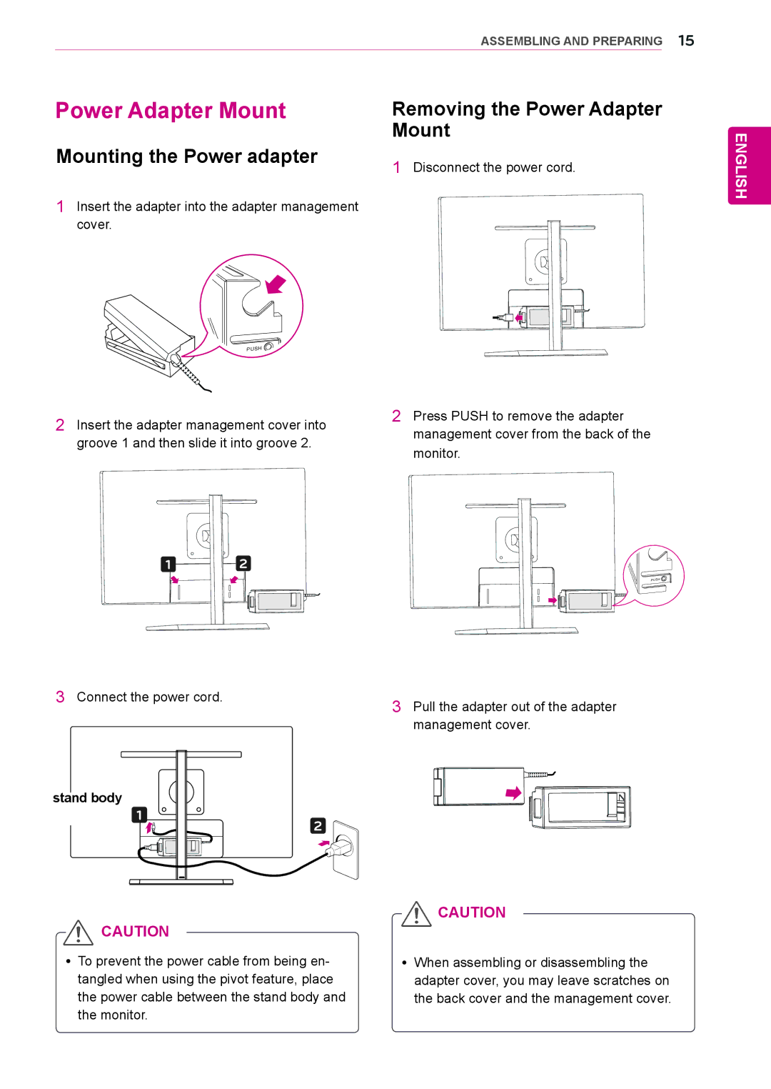 LG Electronics 27EA83R owner manual Mounting the Power adapter, Removing the Power Adapter Mount 