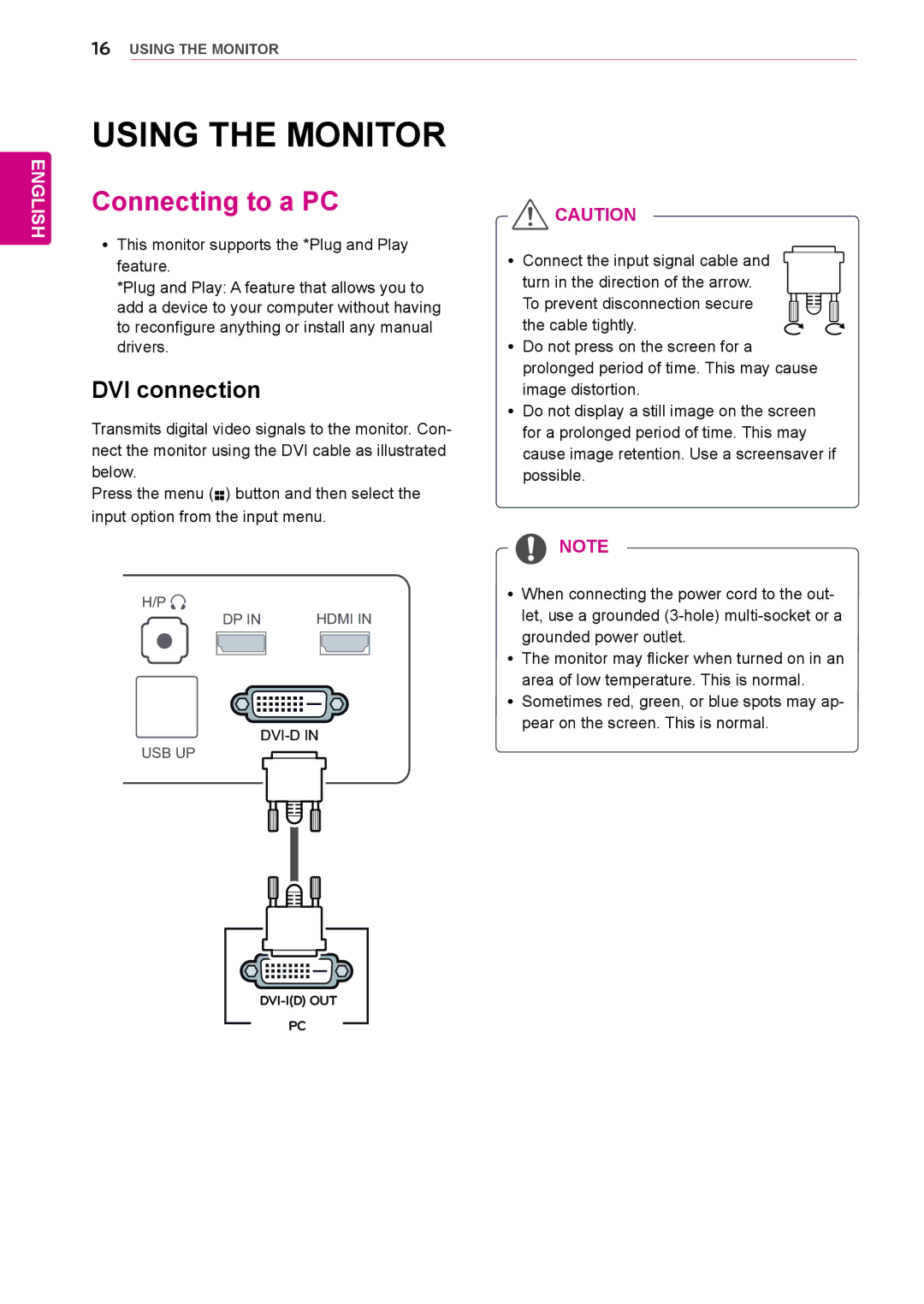 LG Electronics 27EA83R owner manual Using the Monitor, Connecting to a PC, DVI connection 