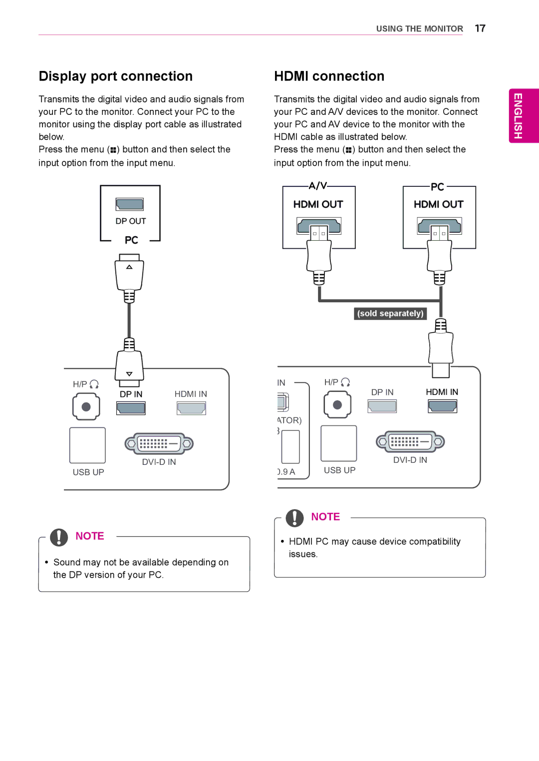 LG Electronics 27EA83R owner manual Display port connection, Hdmi connection 