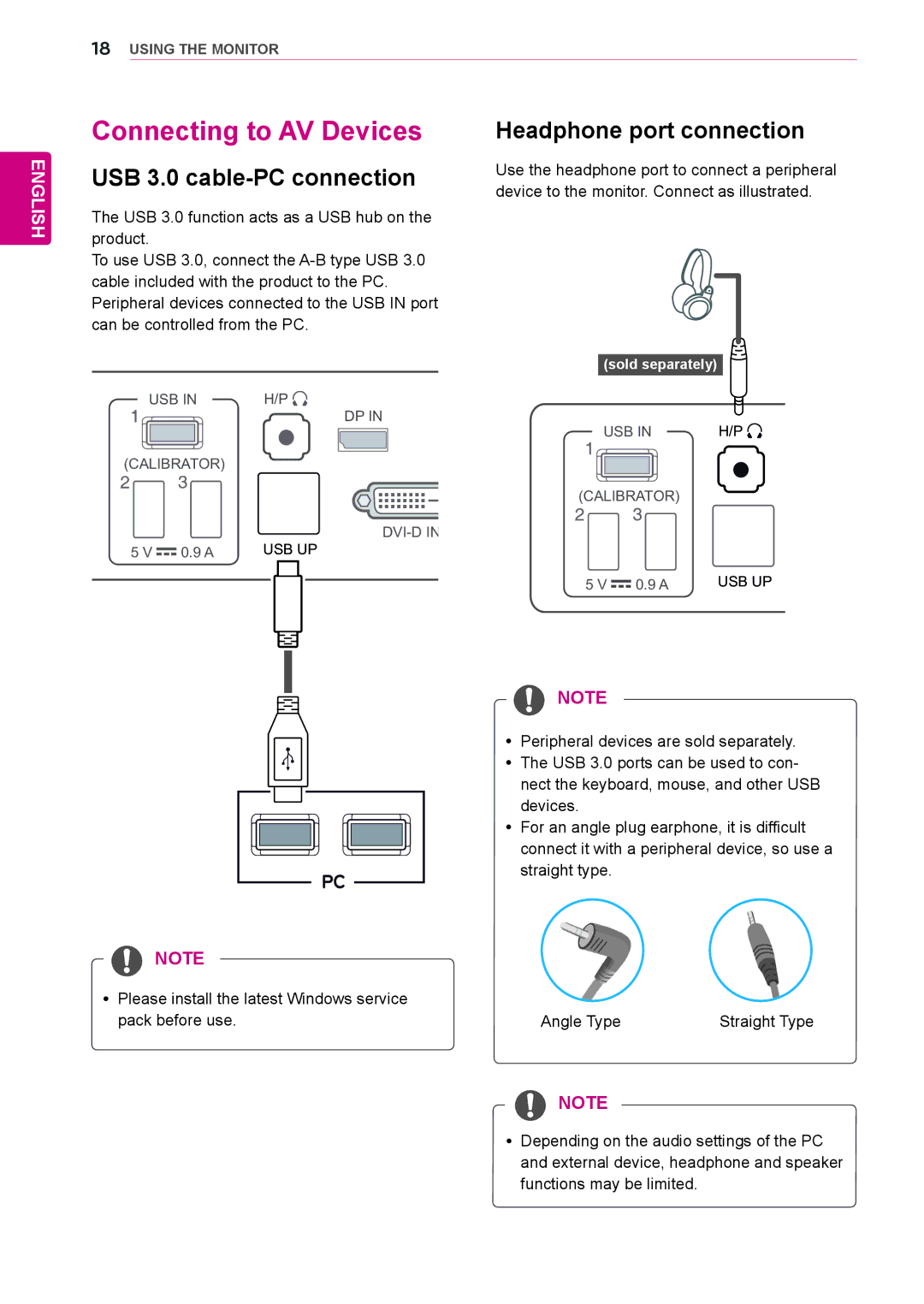 LG Electronics 27EA83R owner manual Connecting to AV Devices, USB 3.0 cable-PC connection, Headphone port connection 