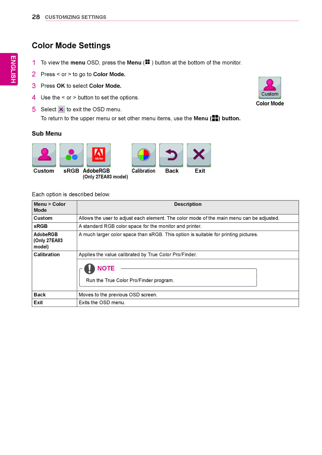 LG Electronics 27EA83R owner manual Color Mode Settings, Custom sRGB AdobeRGB Calibration Back Exit 