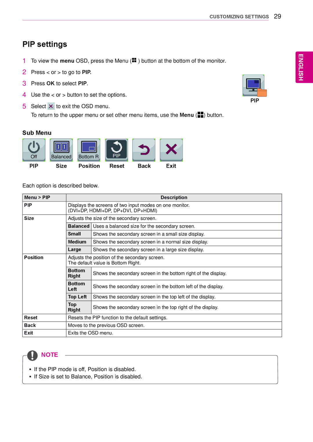 LG Electronics 27EA83R owner manual PIP settings, Size Position, Back Exit 