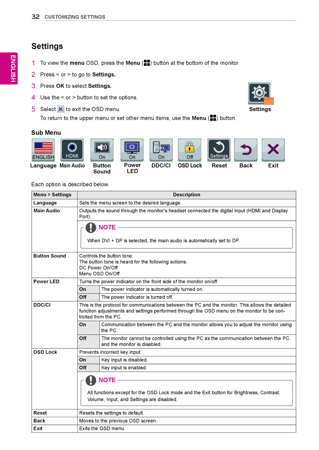 LG Electronics 27EA83R owner manual Settings, Language Main Audio Button, Back Exit Sound 