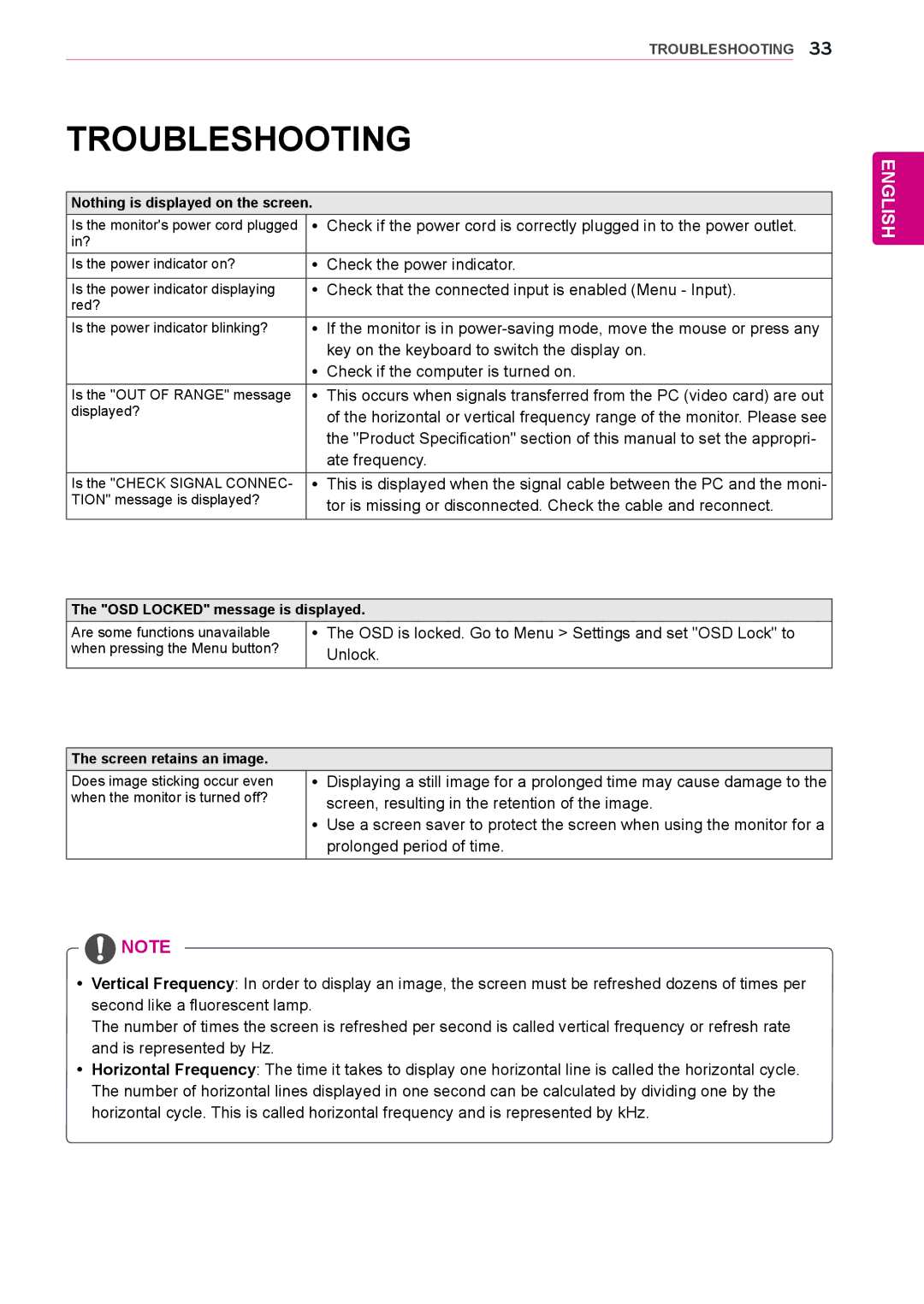 LG Electronics 27EA83R owner manual Troubleshooting, Nothing is displayed on the screen, OSD Locked message is displayed 