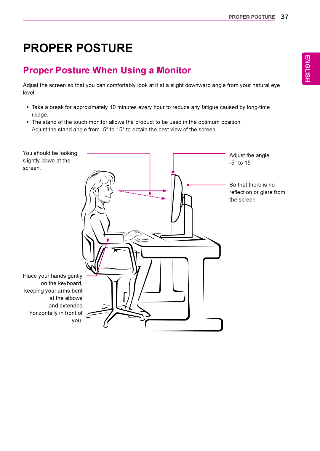 LG Electronics 27EA83R owner manual Proper Posture When Using a Monitor 