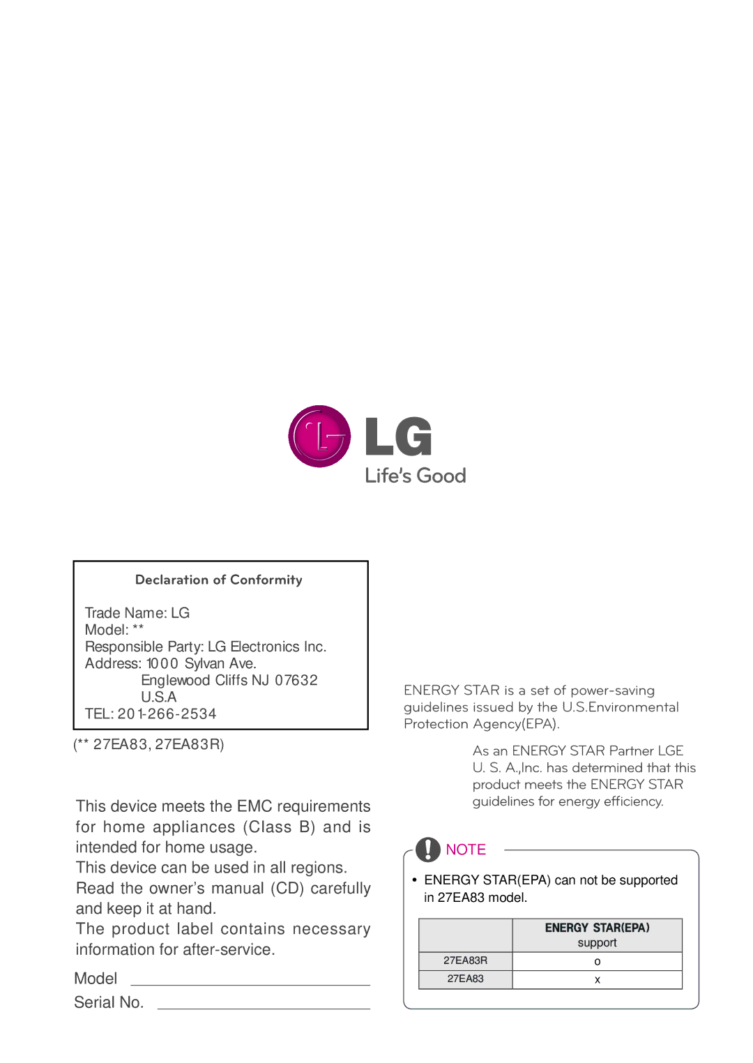 LG Electronics 27EA83R owner manual Declaration of Conformity 