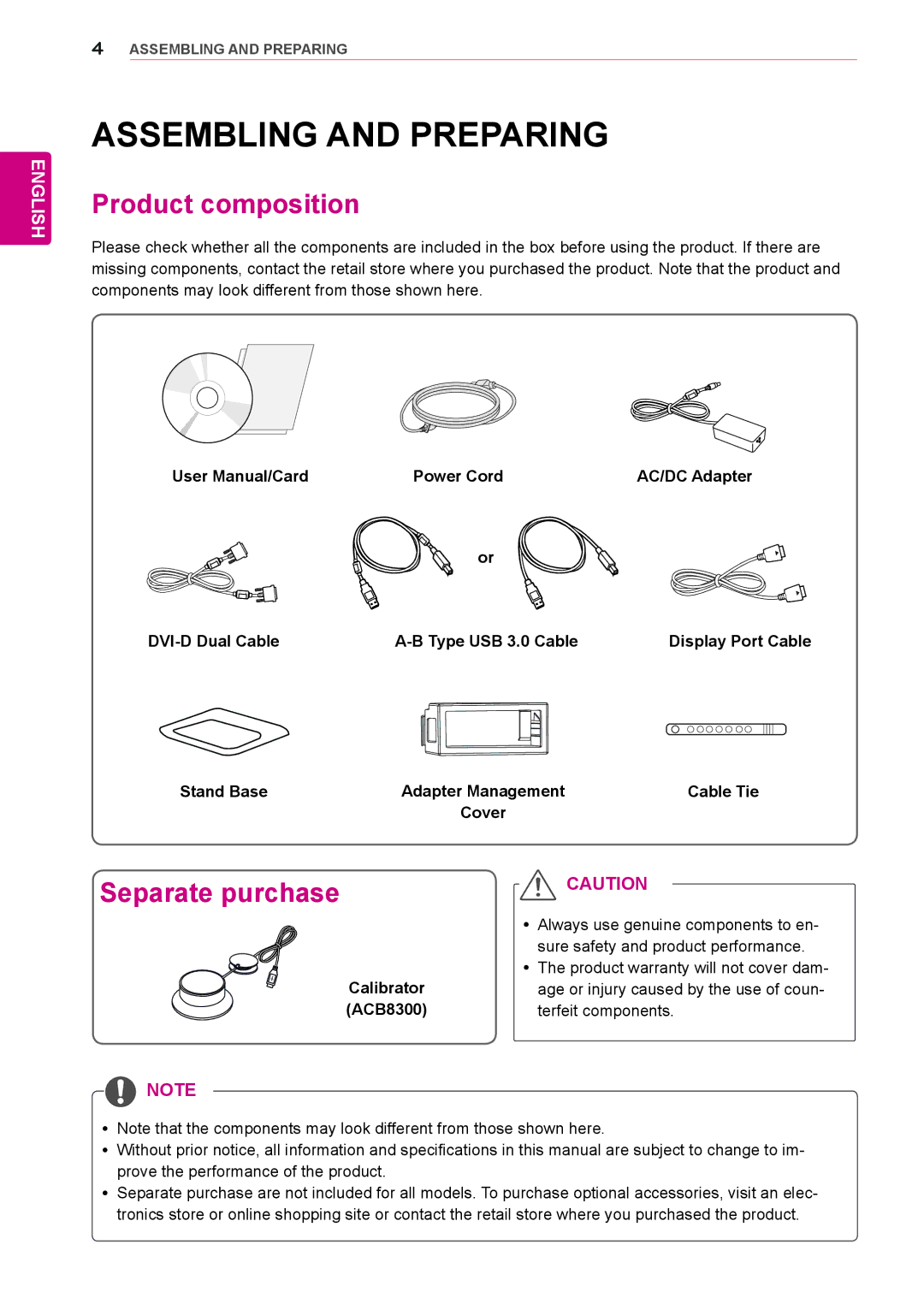 LG Electronics 27EA83R owner manual Assembling and Preparing, Product composition, Separate purchase, Calibrator ACB8300 