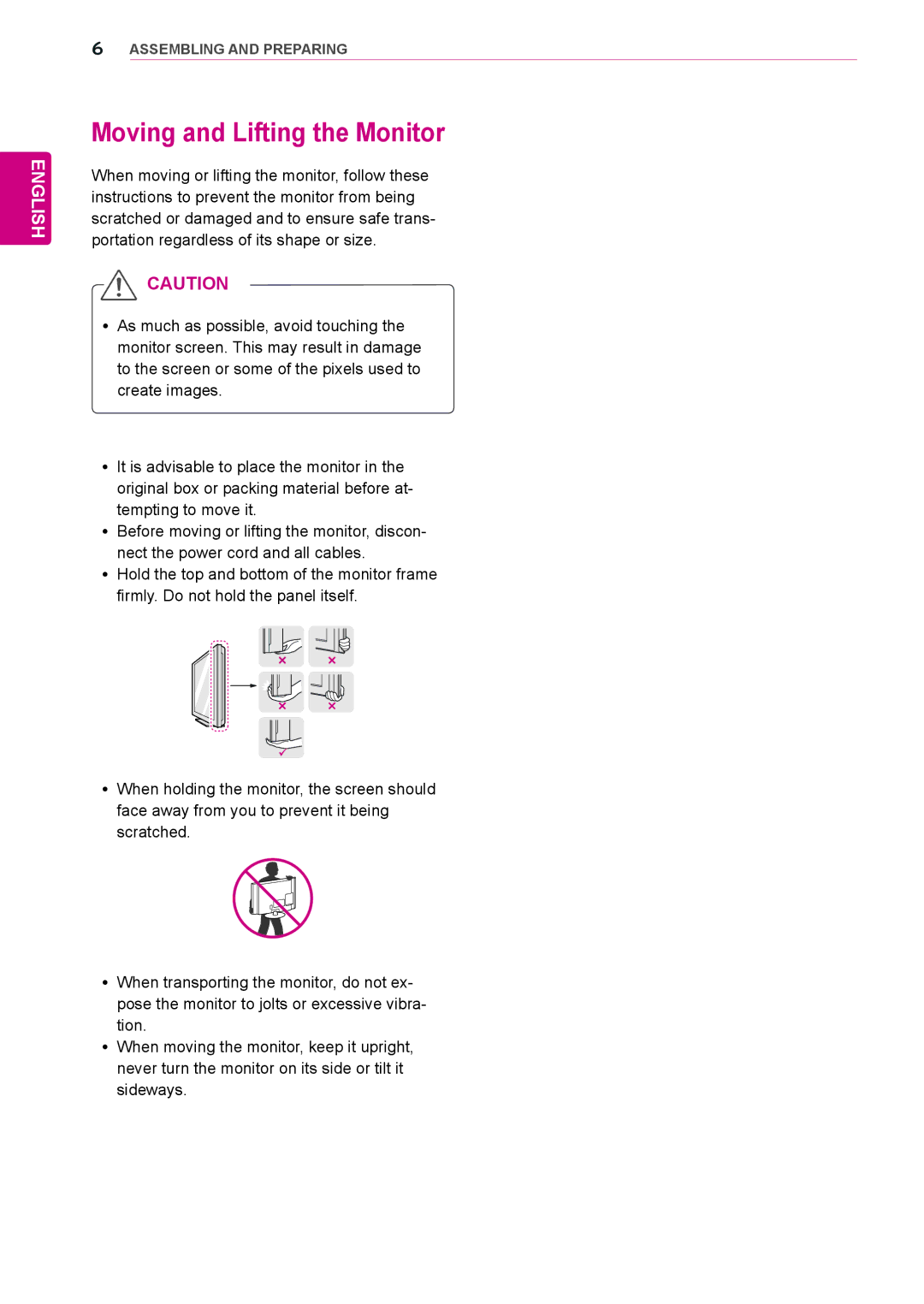 LG Electronics 27EA83R owner manual Moving and Lifting the Monitor 