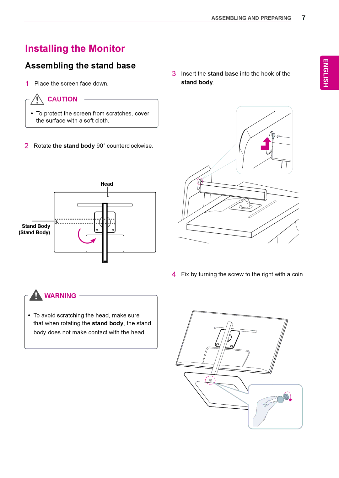 LG Electronics 27EA83R owner manual Installing the Monitor, Assembling the stand base, Head Stand Body 