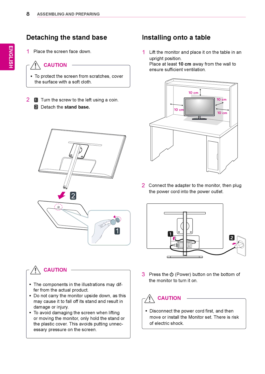 LG Electronics 27EA83R owner manual Detaching the stand base, Installing onto a table 