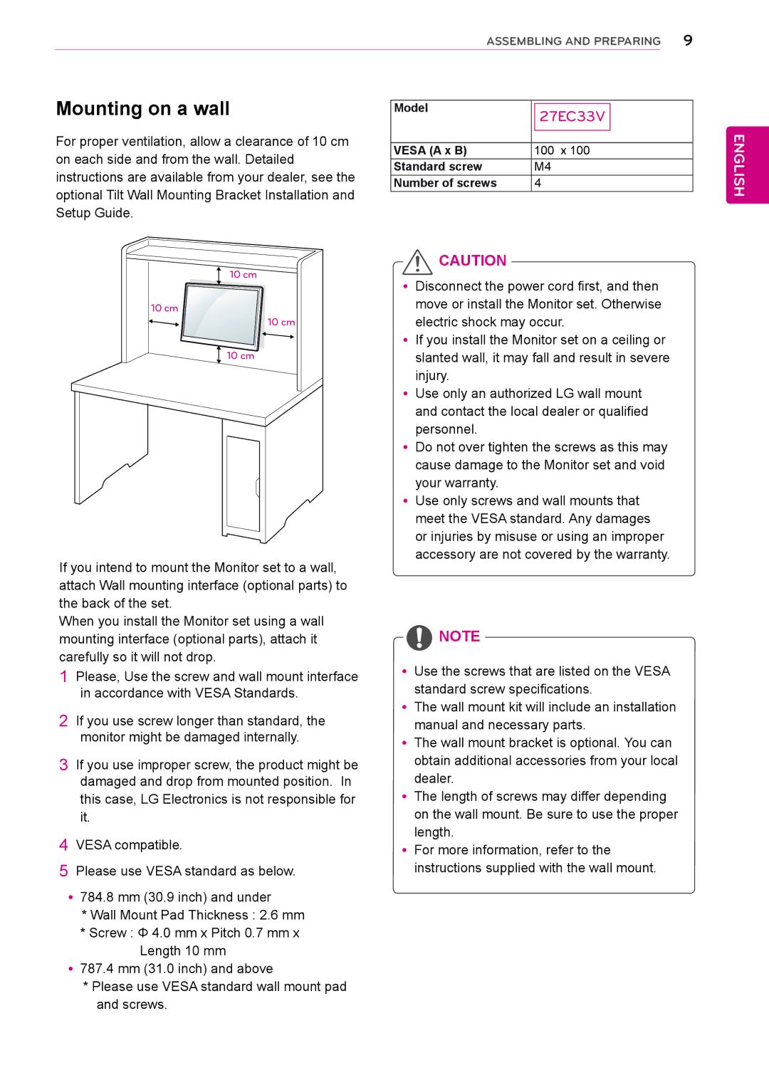 LG Electronics 27EC33V owner manual Mounting on a wall 