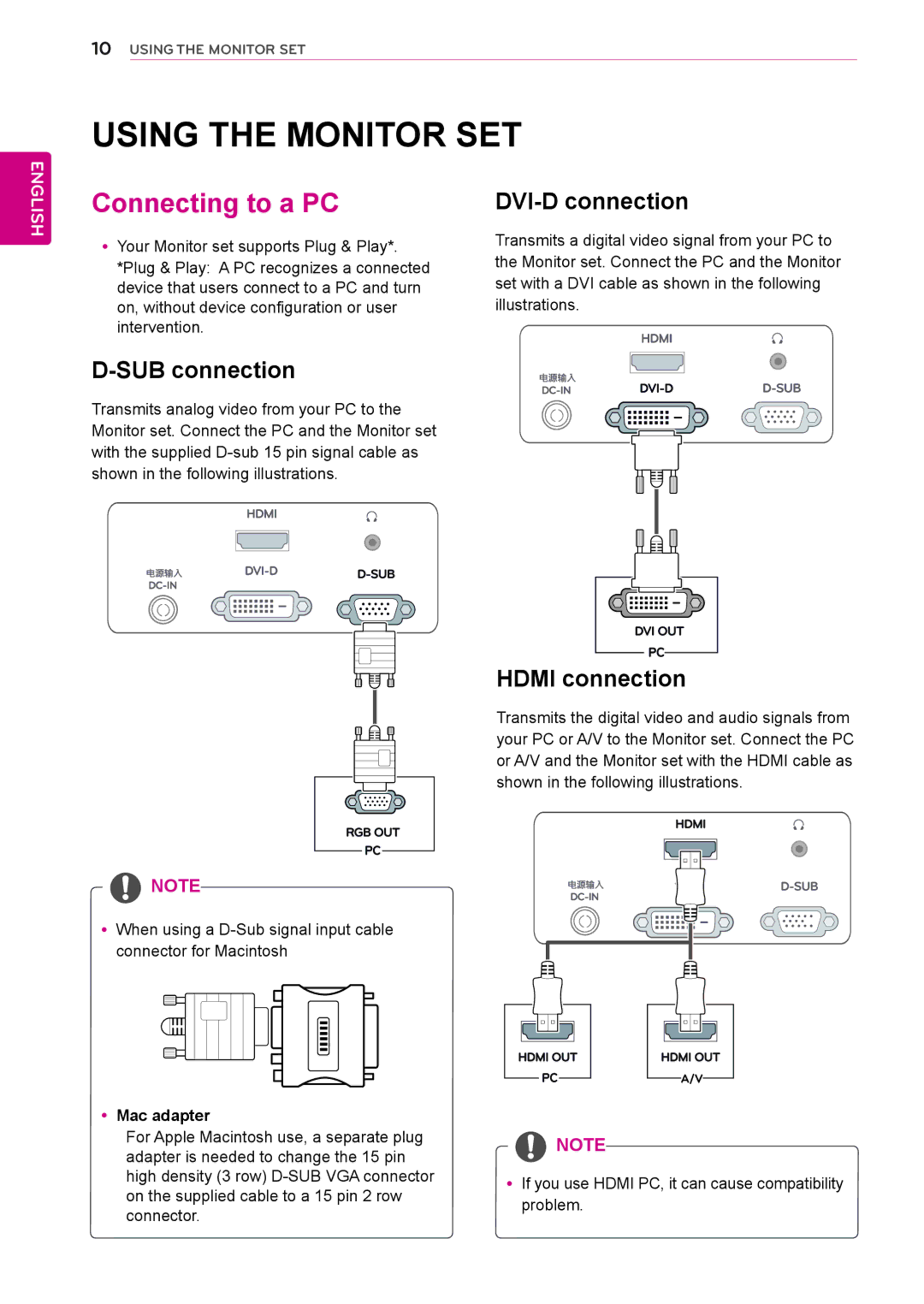 LG Electronics 27EC33V Using the Monitor SET, Connecting to a PC, SUB connection, DVI-D connection, Hdmi connection 