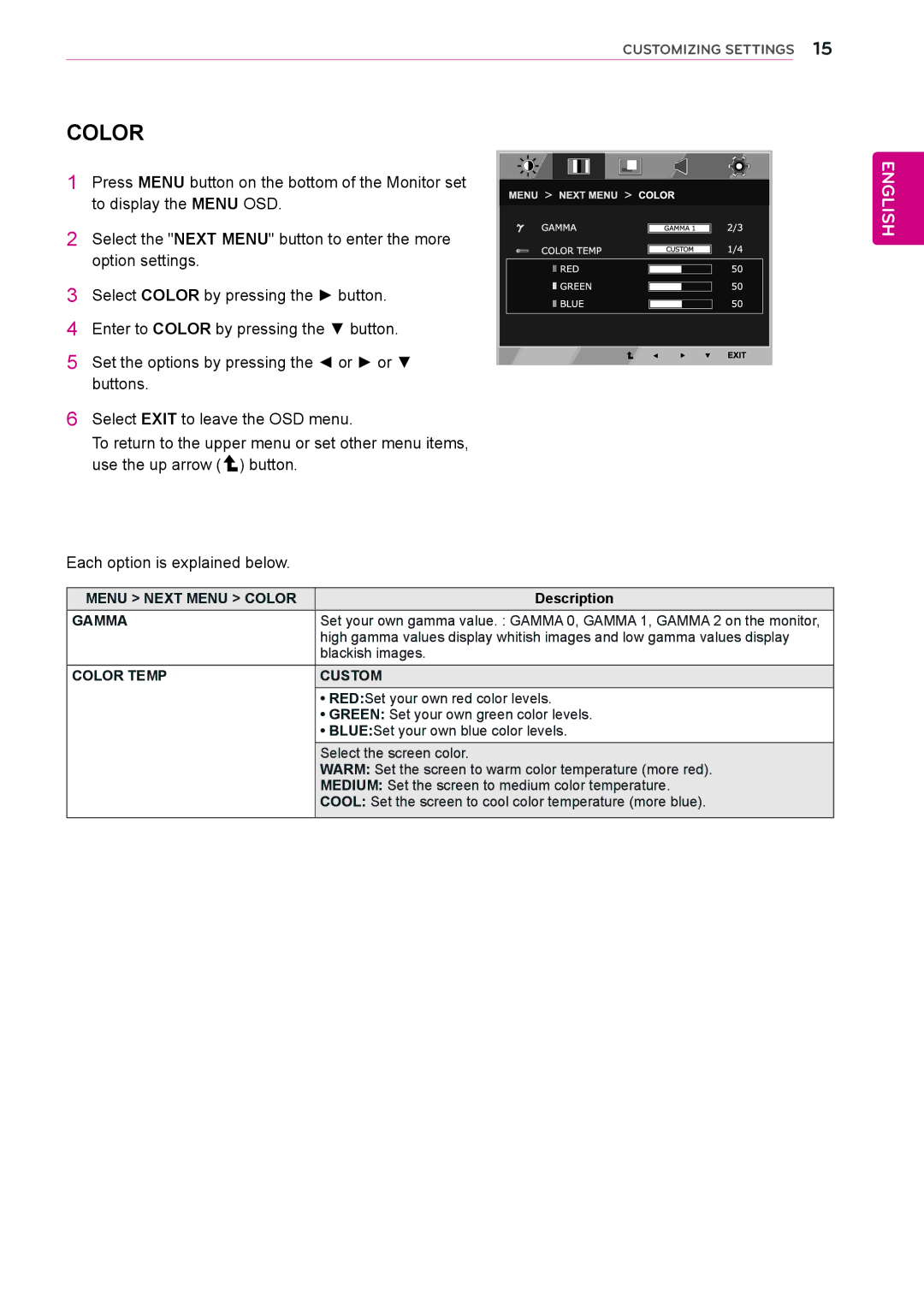 LG Electronics 27EC33V owner manual Menu Next Menu Color, Color Temp Custom 