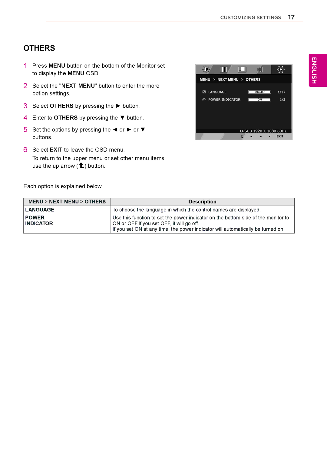 LG Electronics 27EC33V owner manual Menu Next Menu Others, Power, Indicator 