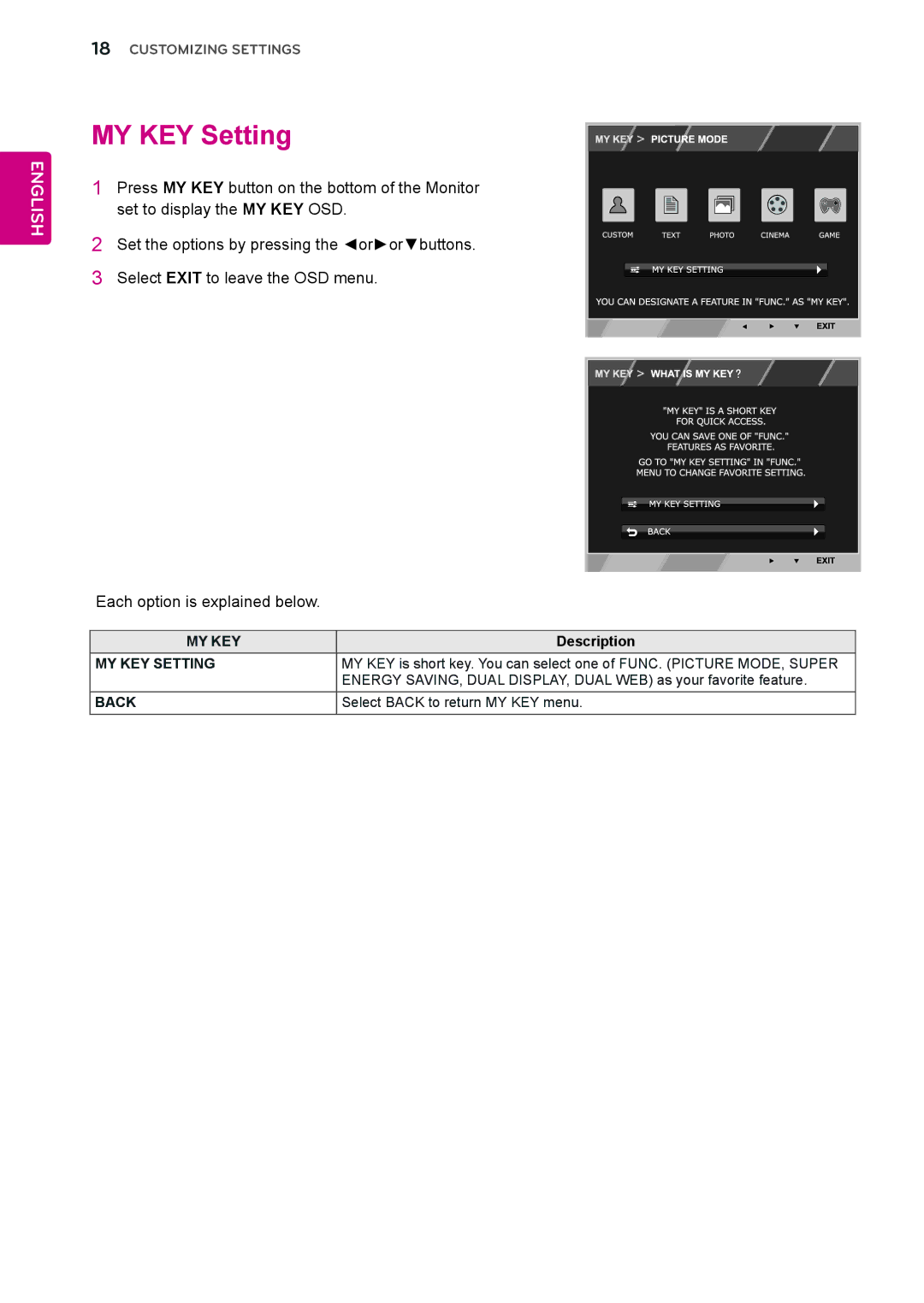 LG Electronics 27EC33V owner manual MY KEY Setting, My Key, Back 