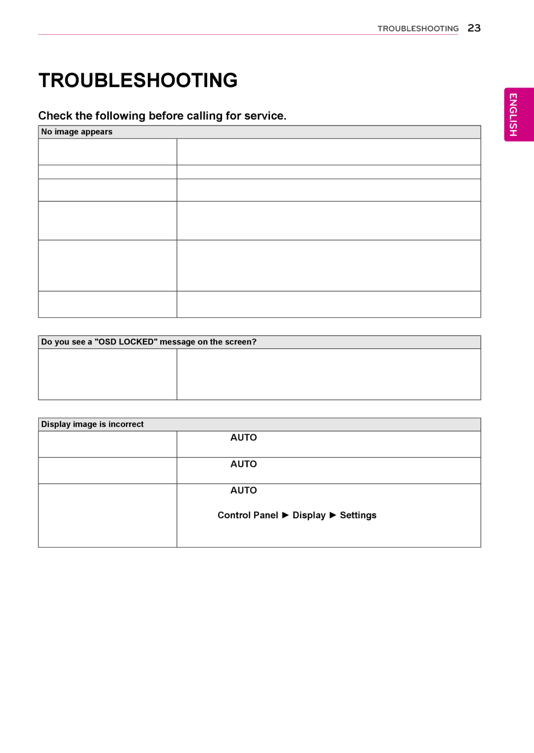 LG Electronics 27EC33V owner manual Troubleshooting, Check the following before calling for service 