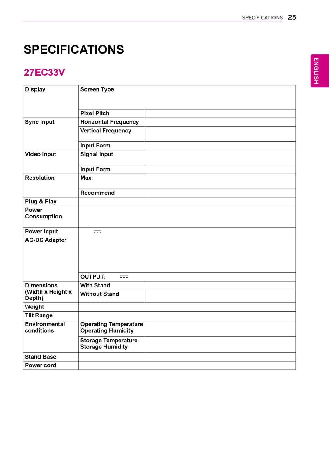 LG Electronics 27EC33V owner manual Specifications‌ 