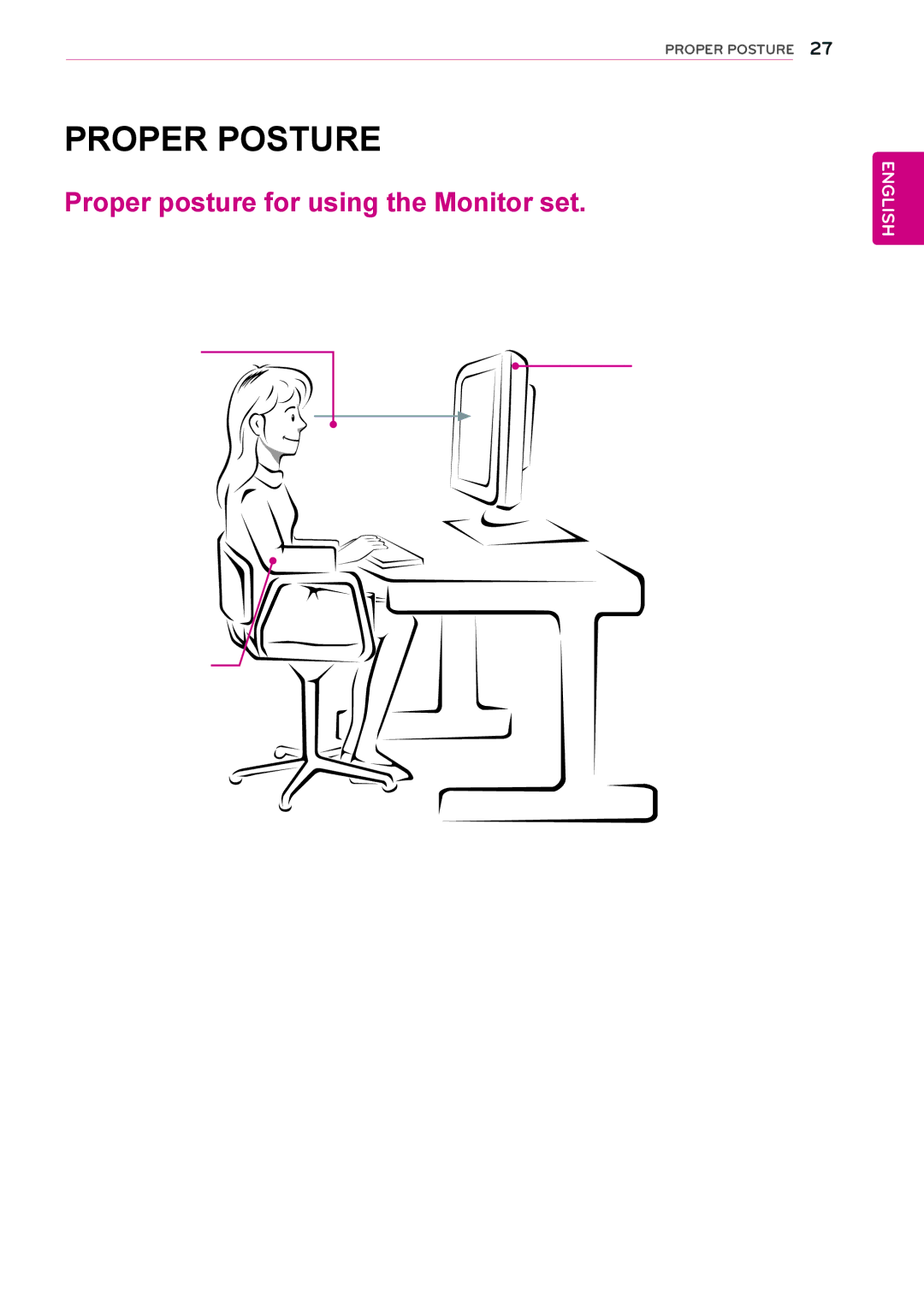 LG Electronics 27EC33V owner manual Proper Posture, Proper posture for using the Monitor set 