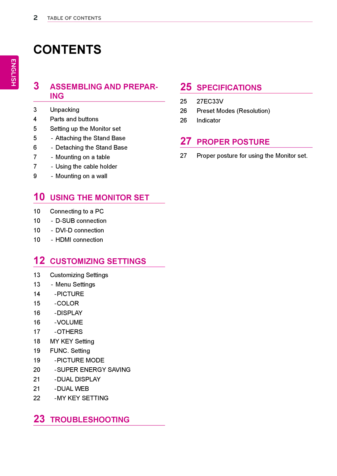 LG Electronics 27EC33V owner manual Contents 