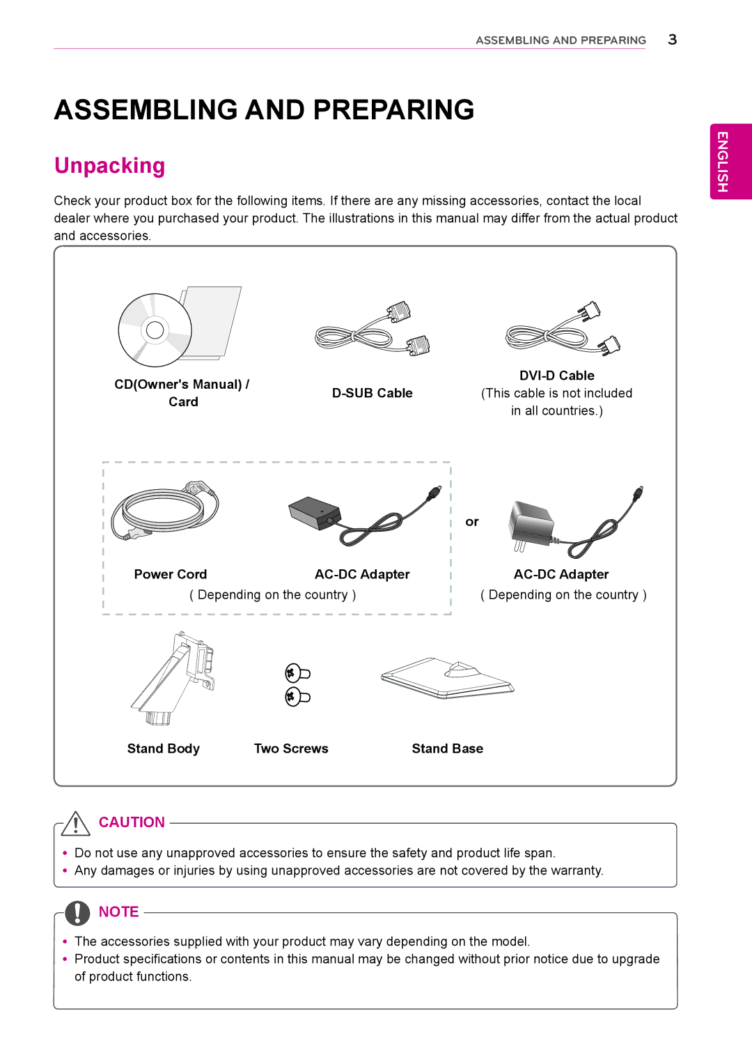 LG Electronics 27EC33V owner manual Assembling and Preparing, Unpacking 