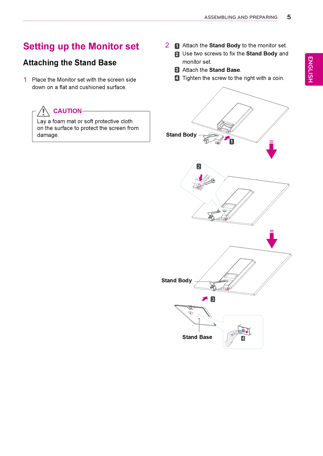 LG Electronics 27EC33V owner manual Setting up the Monitor set, Attaching the Stand Base, Stand Body Stand Base 