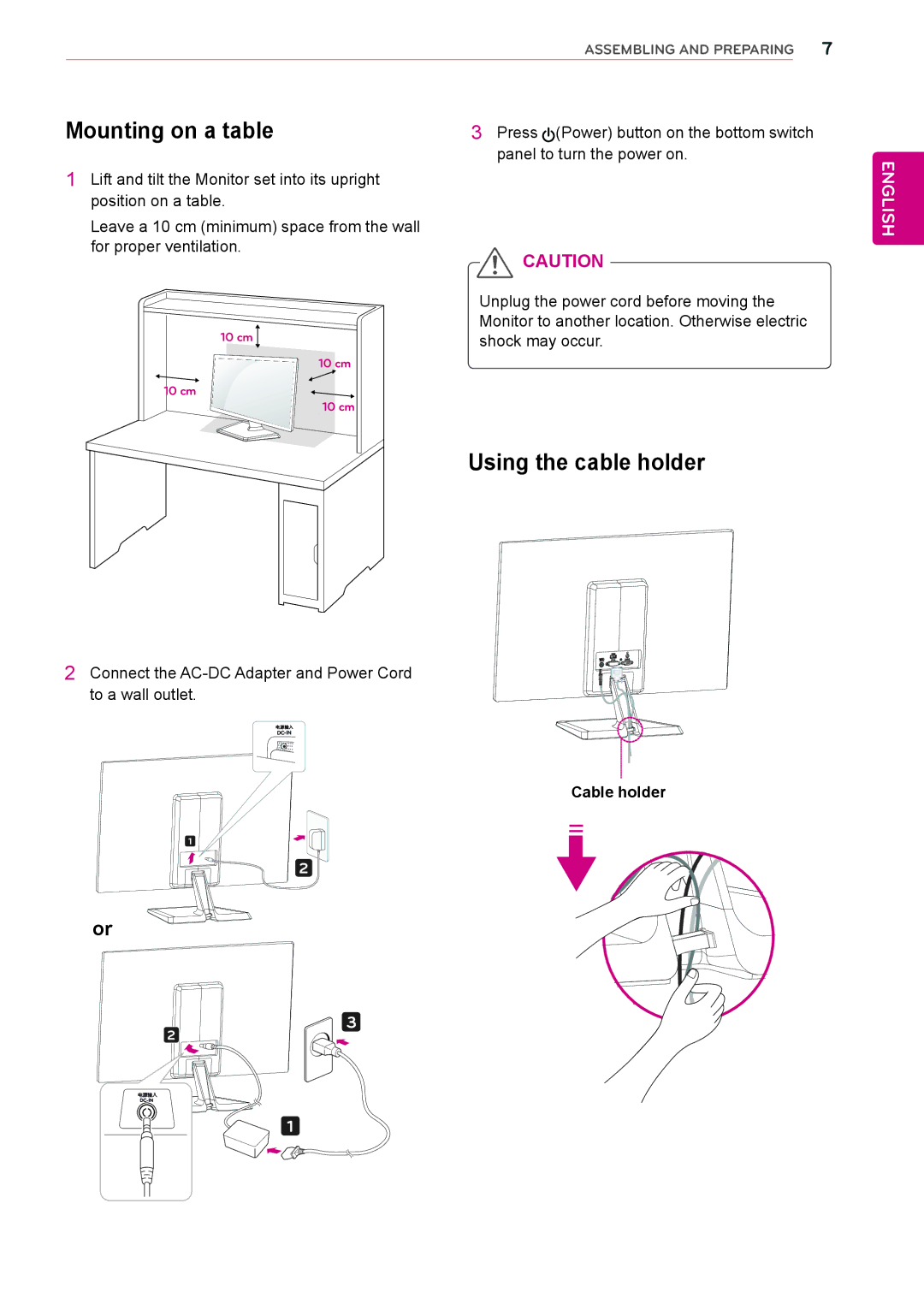 LG Electronics 27EC33V owner manual Mounting on a table, Using the cable holder, Cable holder 